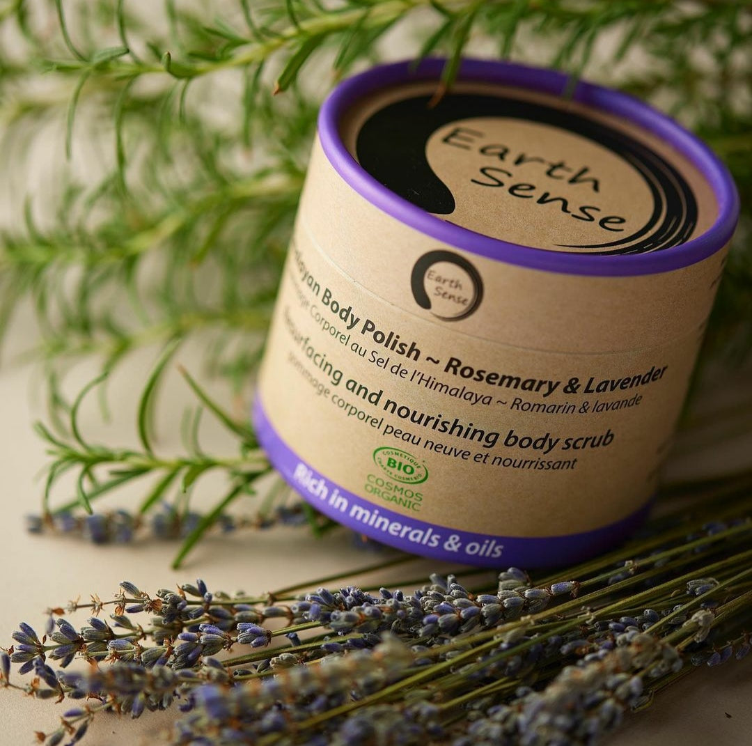 Organic Certified Body Polish Exfoliant in Lavender & Rosemary, 200ml, showcasing natural ingredients and eco-friendly packaging.