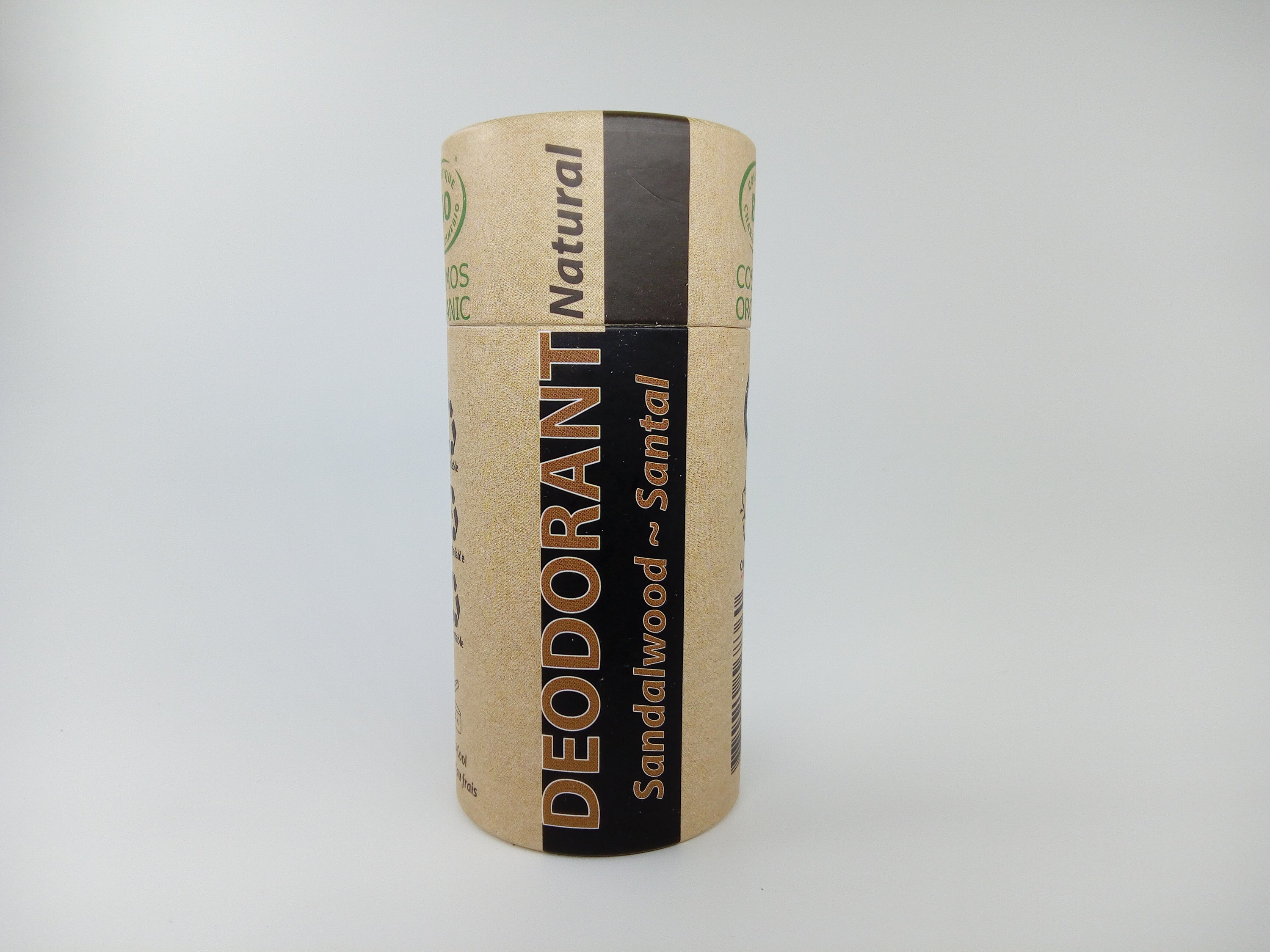 Organic Certified Natural Deodorant in Sandalwood scent, 100ml, featuring eco-friendly packaging and natural ingredients.