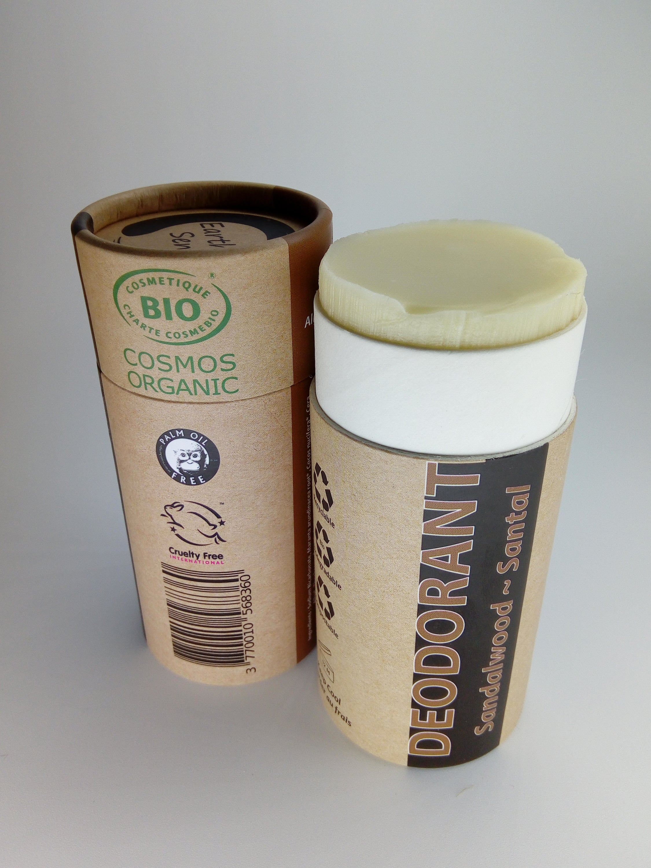 Organic Certified Natural Deodorant in Sandalwood scent, 100ml, featuring eco-friendly packaging and natural ingredients.