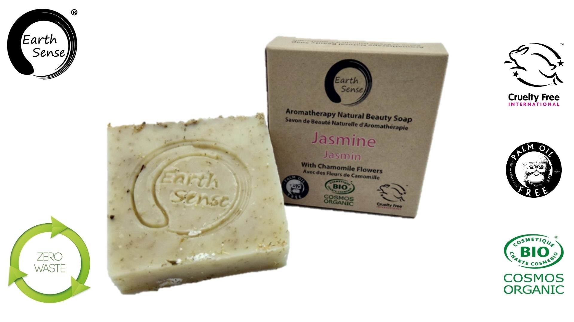 Organic Certified Solid Soap with Jasmine and Chamomile Flowers, showcasing its natural ingredients and elegant packaging.