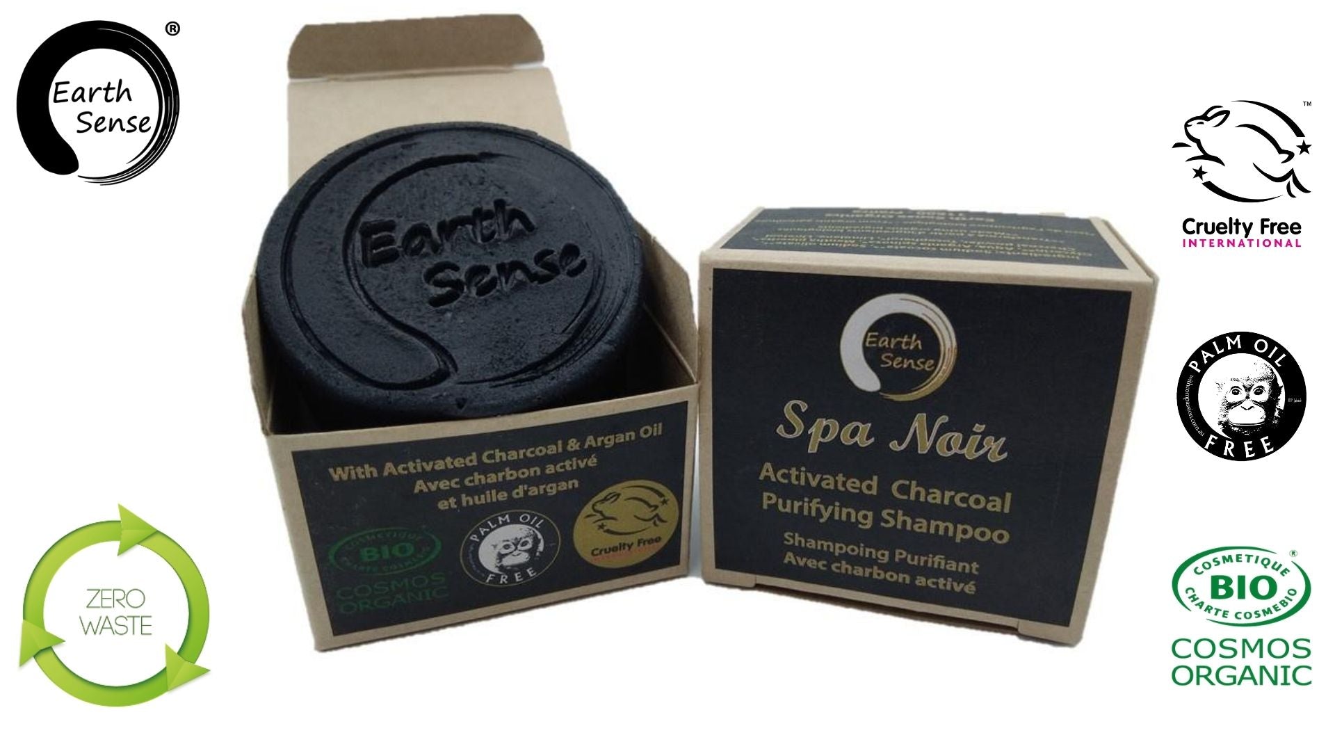Organic Certified Spa Noir Solid Shampoo bar with activated charcoal, showcasing its rich texture and natural ingredients.