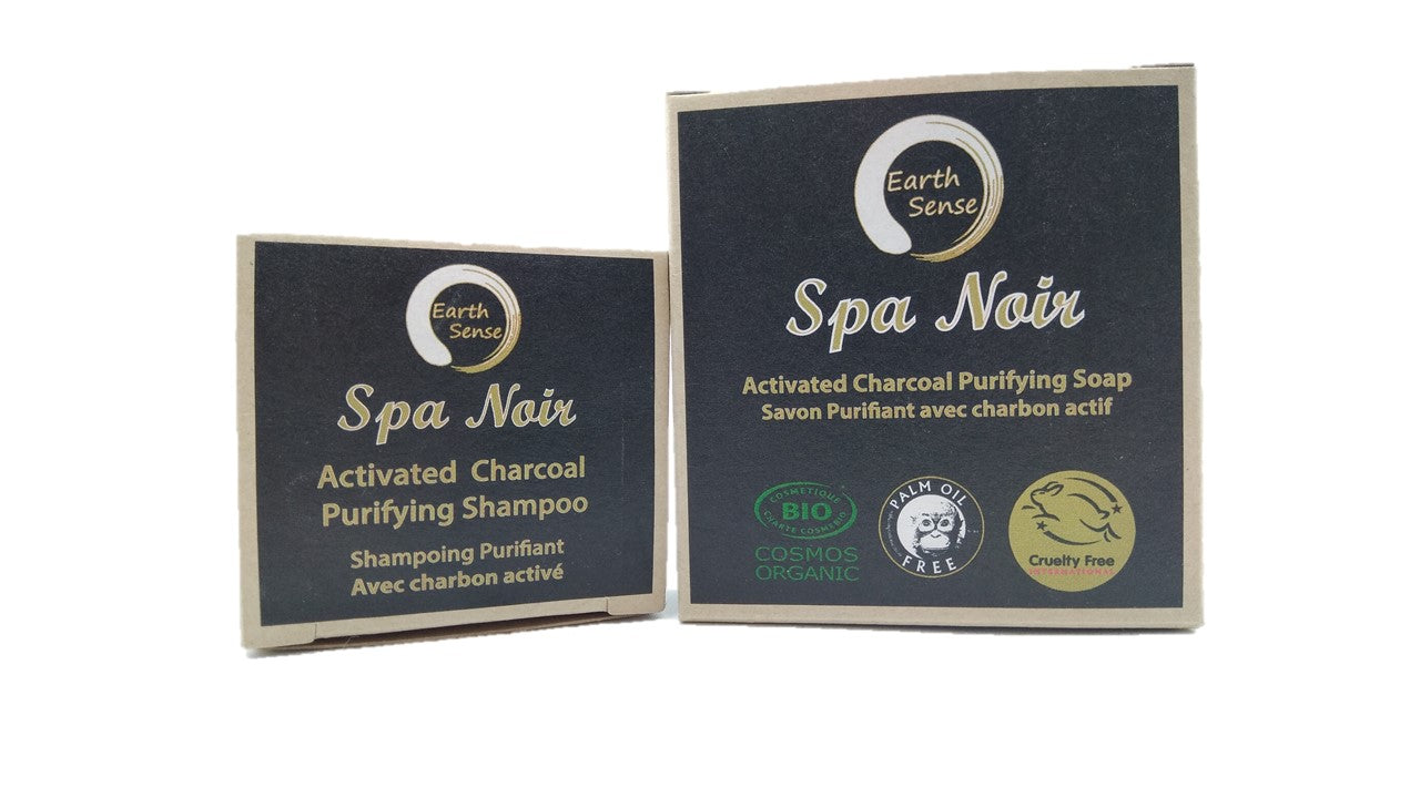 Organic Certified Spa Noir Solid Shampoo bar with activated charcoal, showcasing its rich texture and natural ingredients.