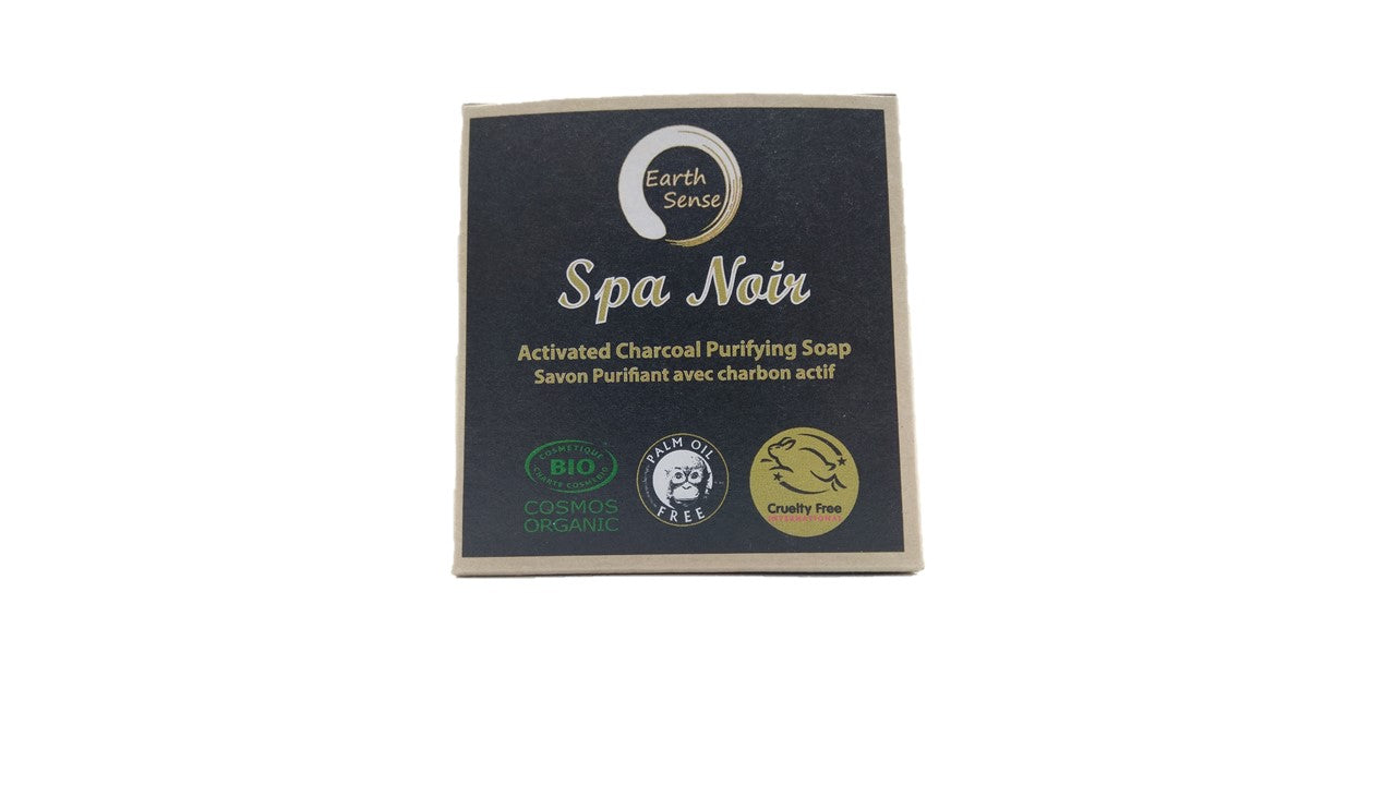 Organic Certified Spa Noir Solid Shampoo bar with activated charcoal, showcasing its rich texture and natural ingredients.