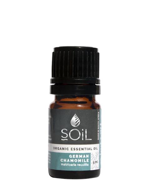 A 5ml bottle of Organic Chamomile German Essential Oil with a blue hue, showcasing its calming properties and purity.