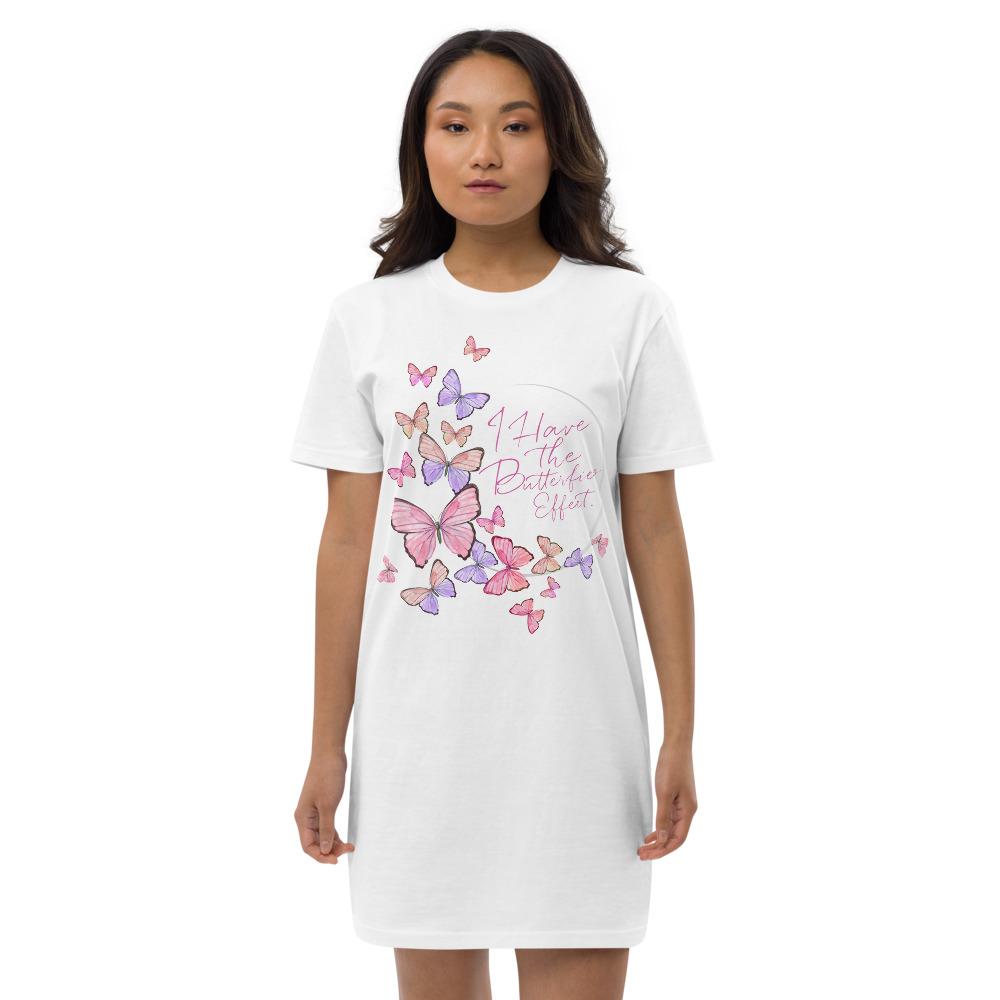 A stylish organic cotton t-shirt dress for women, featuring a medium fit and set-in sleeves, perfect for casual or layered outfits.