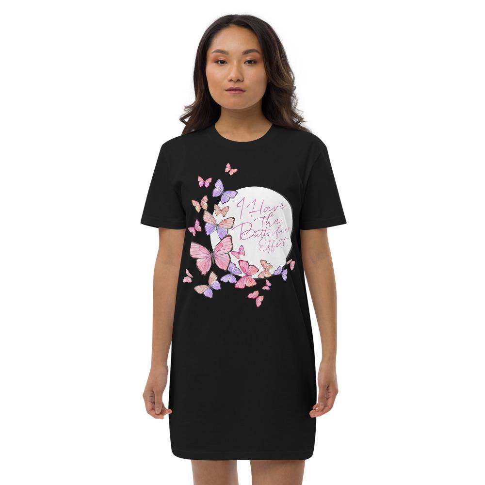 A stylish organic cotton t-shirt dress for women, featuring a medium fit and set-in sleeves, perfect for casual or layered outfits.