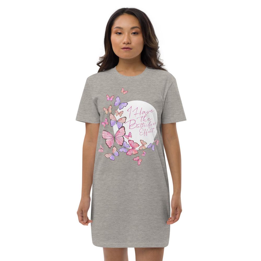 A stylish organic cotton t-shirt dress for women, featuring a medium fit and set-in sleeves, perfect for casual or layered outfits.