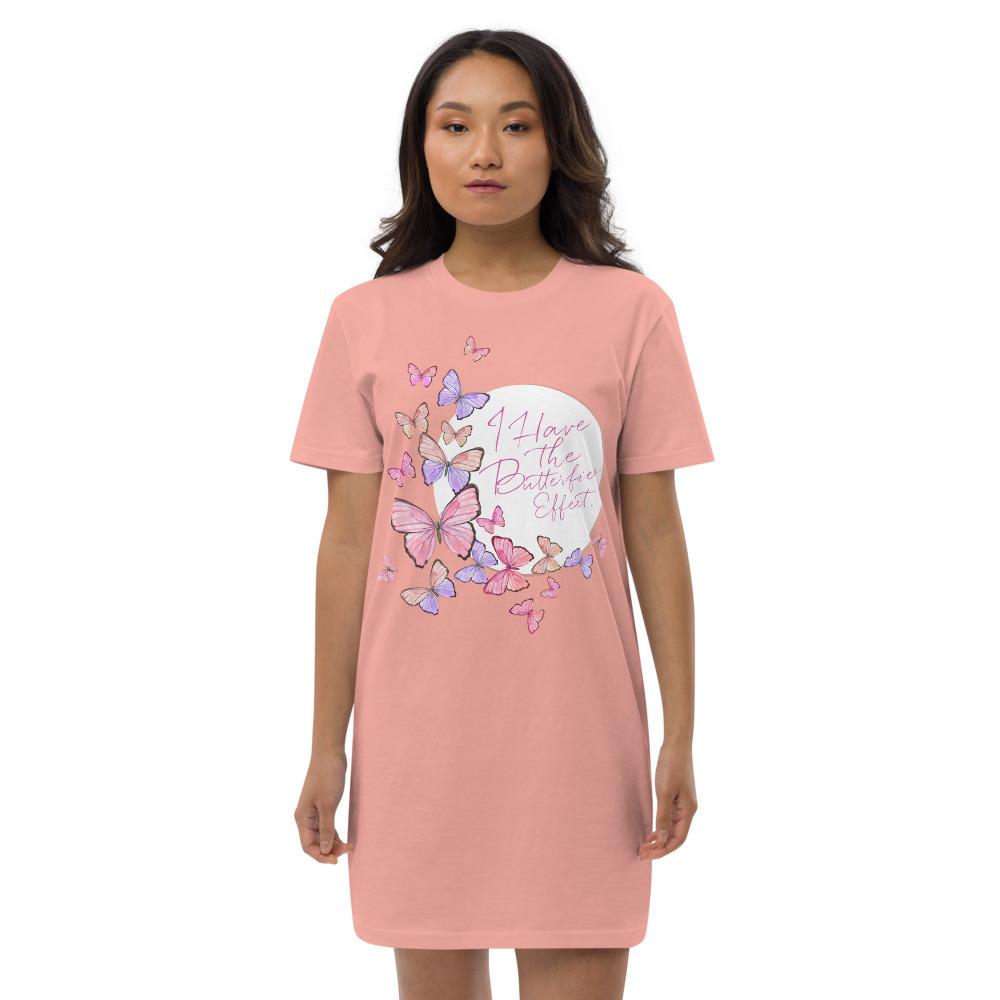 A stylish organic cotton t-shirt dress for women, featuring a medium fit and set-in sleeves, perfect for casual or layered outfits.