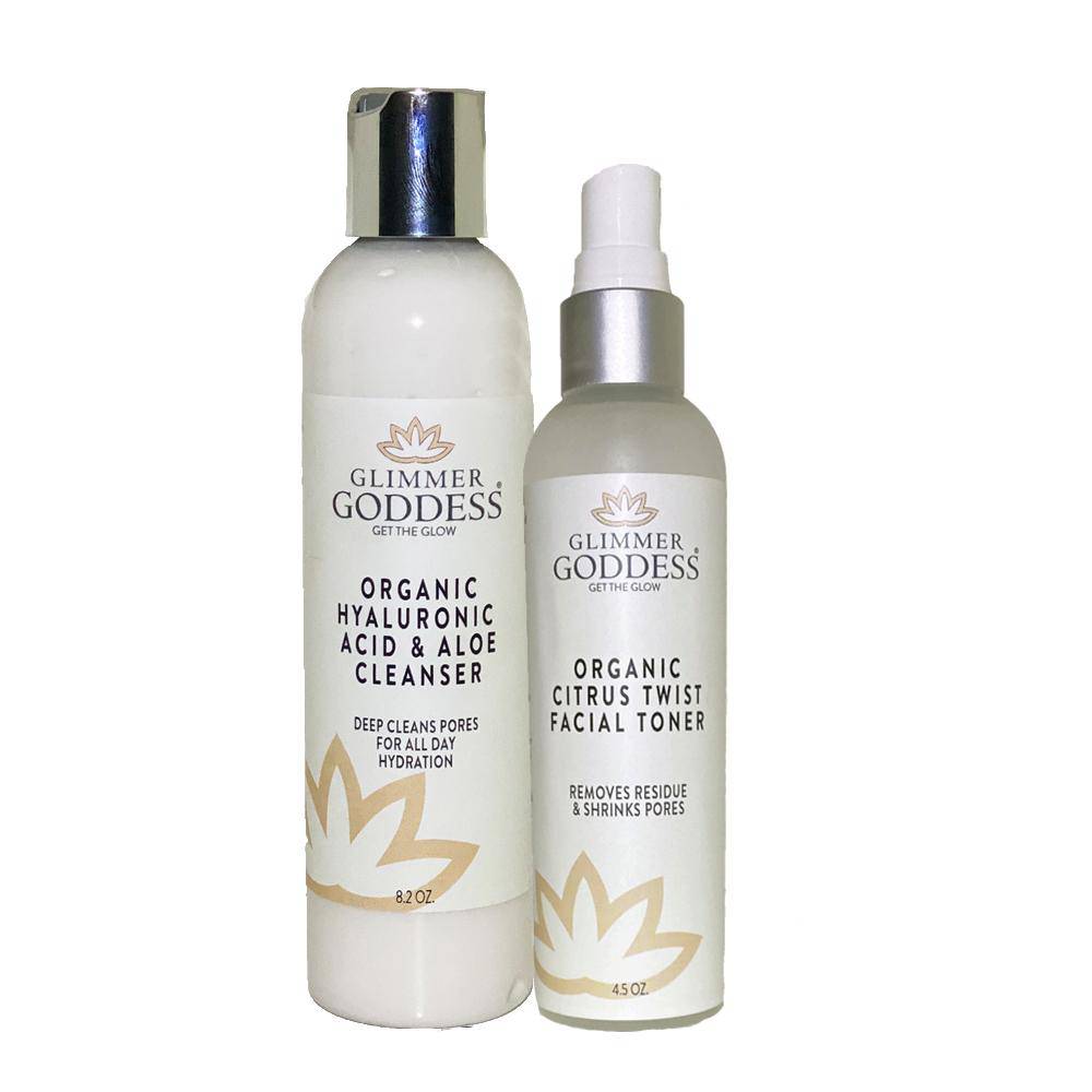 Organic Fresh Start Duo featuring Hyaluronic Acid Cleanser and Citrus Twist Toner in elegant packaging.