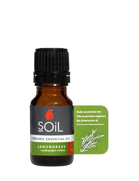 A 10ml bottle of Organic Lemongrass Essential Oil with a fresh and herbaceous aroma, ideal for aromatherapy and massage.