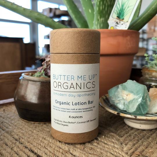 Organic Lotion Bar made with Shea Butter and Coconut Oil, packaged in a protective 4 oz tin, designed for deep hydration of dry and cracked skin.