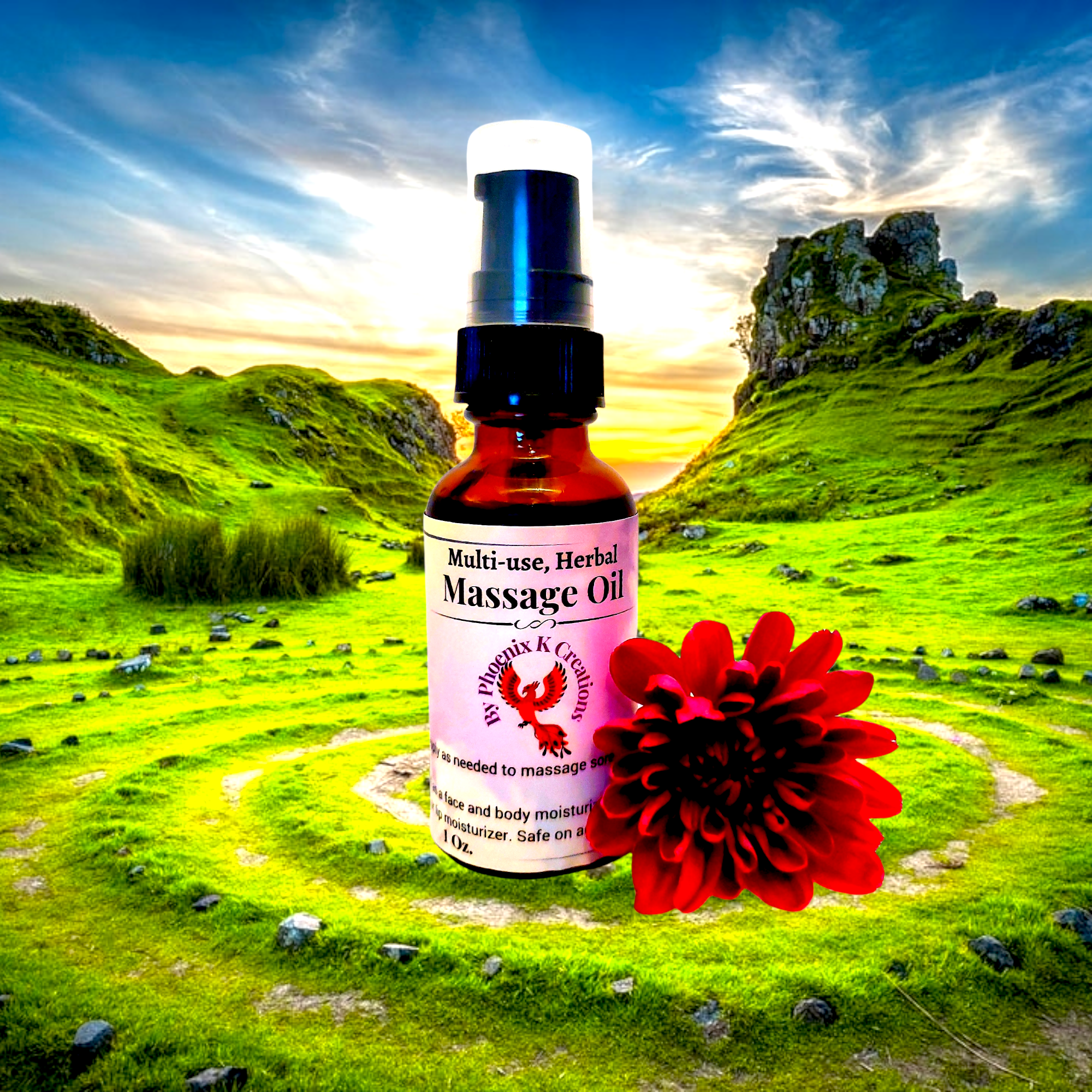 Bottle of Organic Massage Oil with various natural ingredients, showcasing its versatility for face, hair, nails, and lips.