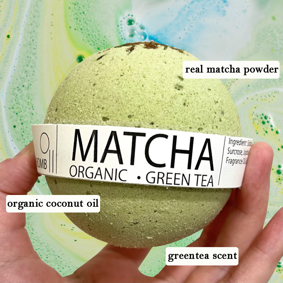 Organic Matcha Greentea Bath Bomb, 8oz, vibrant green color with fizzing texture, surrounded by natural ingredients.