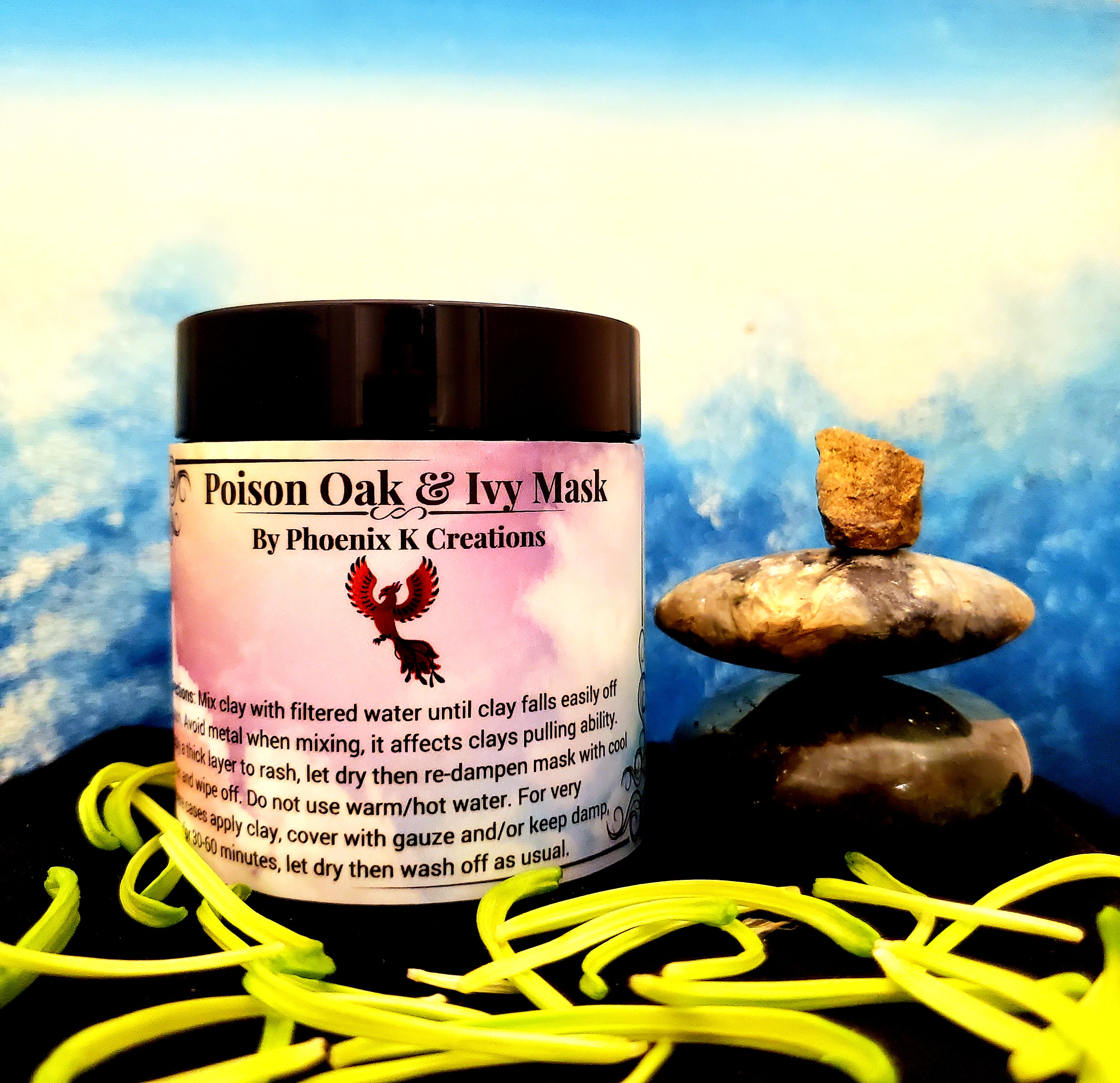 Organic Poison Oak & Ivy Clay Mask in an amber glass jar, showcasing its rich clay texture and herbal ingredients.