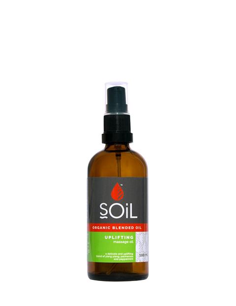 A 100ml bottle of Organic Uplifting Blended Oil featuring a blend of Ylang-Ylang, Palmarosa, and Peppermint essential oils, with a soothing and nourishing formula.