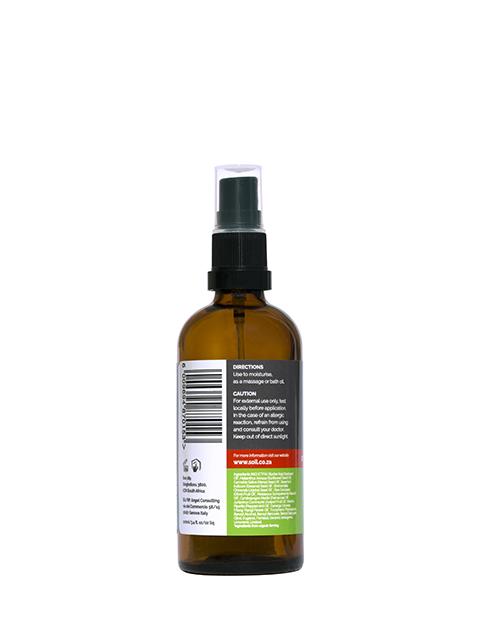 A 100ml bottle of Organic Uplifting Blended Oil featuring a blend of Ylang-Ylang, Palmarosa, and Peppermint essential oils, with a soothing and nourishing formula.