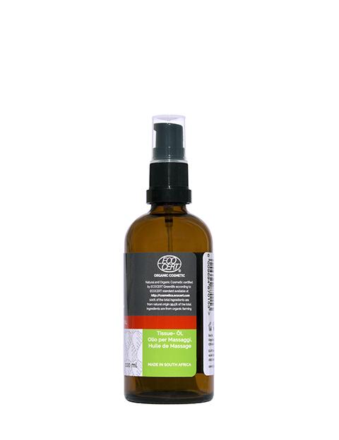 A 100ml bottle of Organic Uplifting Blended Oil featuring a blend of Ylang-Ylang, Palmarosa, and Peppermint essential oils, with a soothing and nourishing formula.