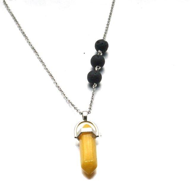 Orgone Citrine Yellow Crystal Lava Stone Necklace featuring vibrant citrine and porous lava stones for essential oil absorption.