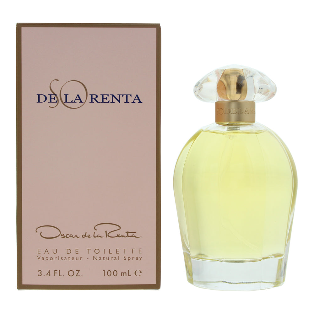 Oscar De La Renta So de la Renta Eau de Toilette bottle with elegant design and floral accents.