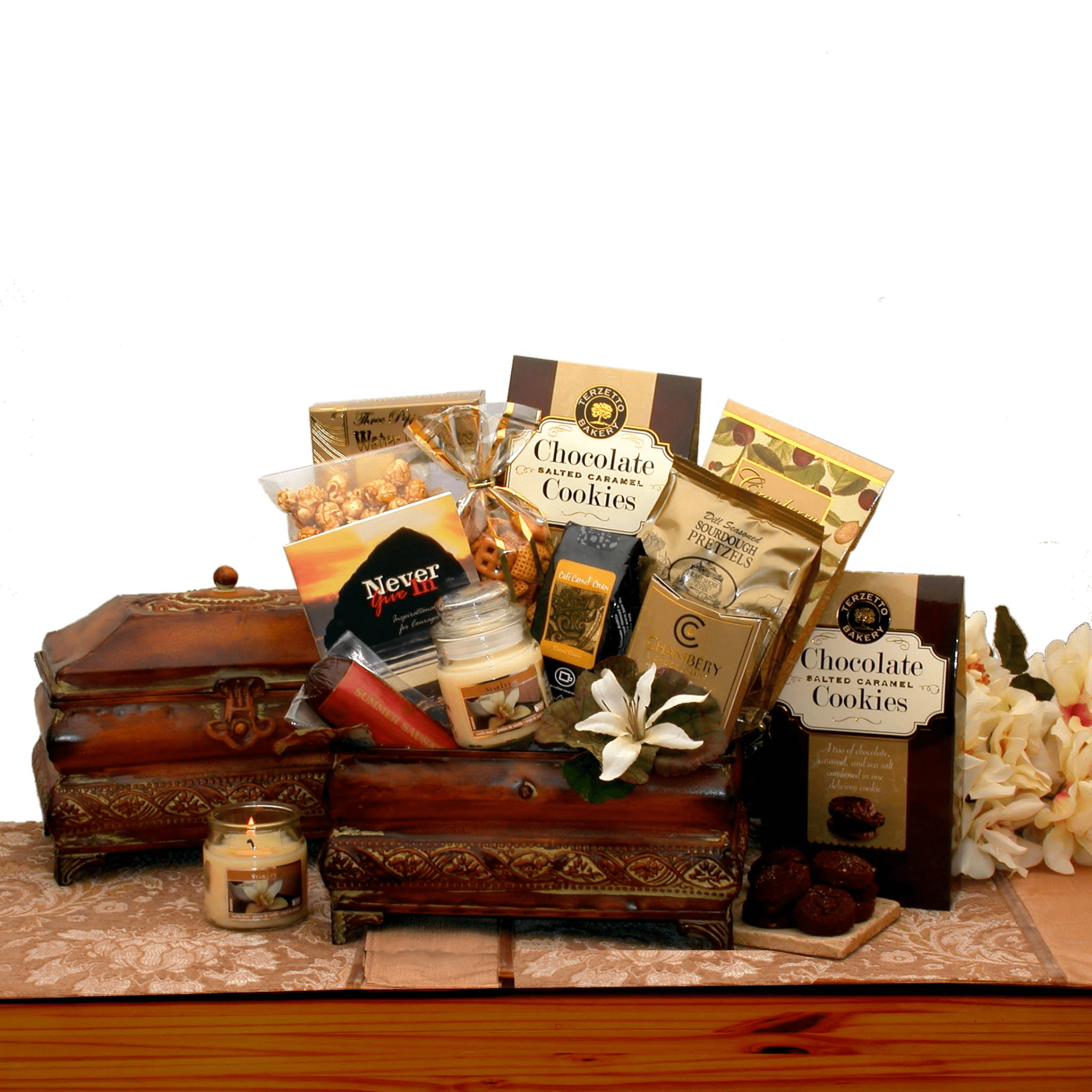 Elegant Sincere Condolences Gift Chest filled with gourmet snacks and an inspirational book, beautifully wrapped with silk floral enhancements.