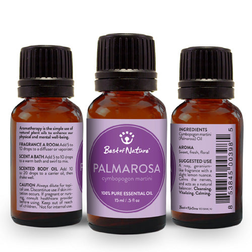 A bottle of 100% pure Palmarosa Essential Oil with a green background, showcasing its natural essence.