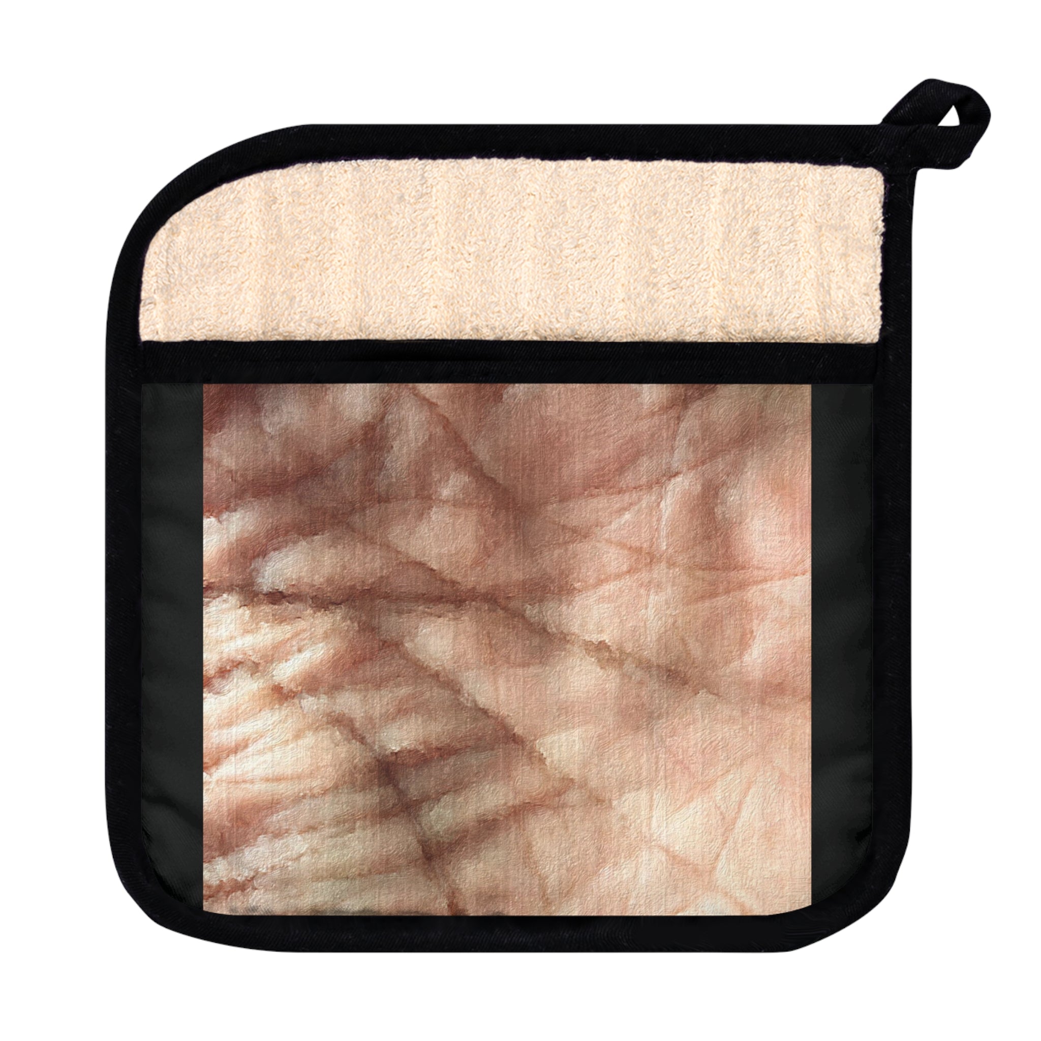 Stylish Palmistry pot holder with pocket, featuring a black cotton hanging loop and vibrant design, perfect for kitchen use.