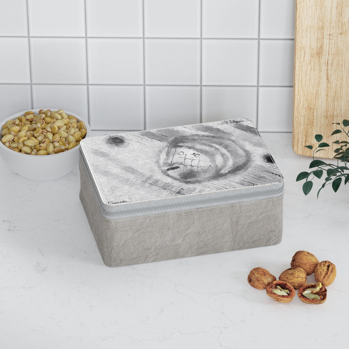 Eco-friendly Paper Lunch Bag made from FSC certified paper, featuring a customizable design, zipper closure, and carrying strap.