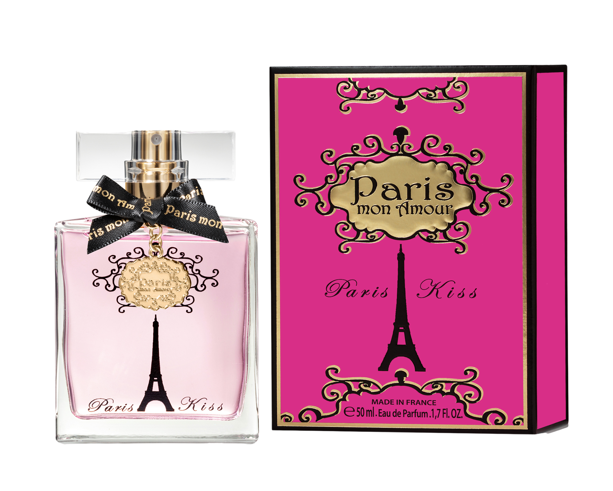 Paris Kiss 50 ml perfume bottle with elegant design, showcasing floral and fruity notes.
