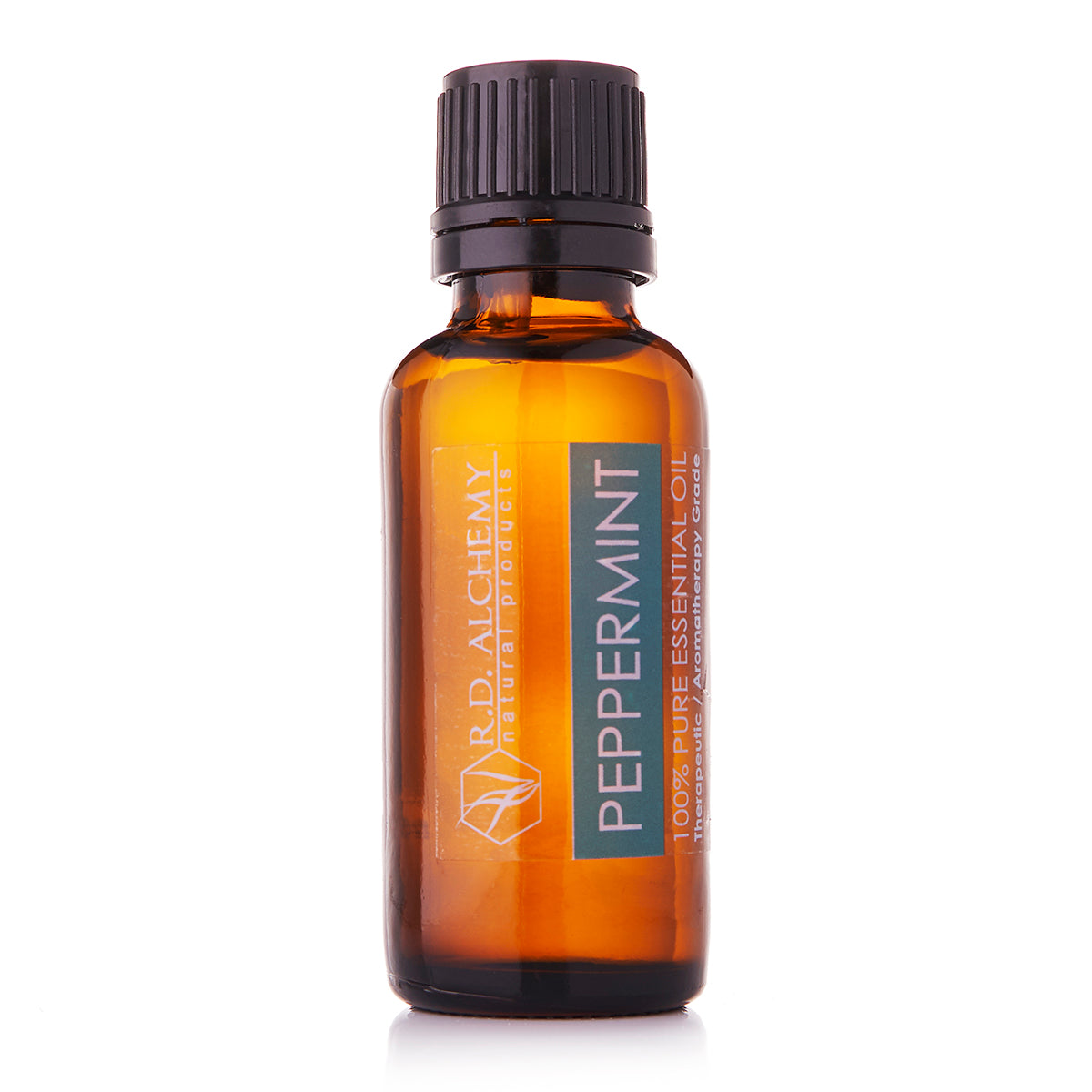 A bottle of 100% pure peppermint essential oil with a green label, surrounded by fresh peppermint leaves.