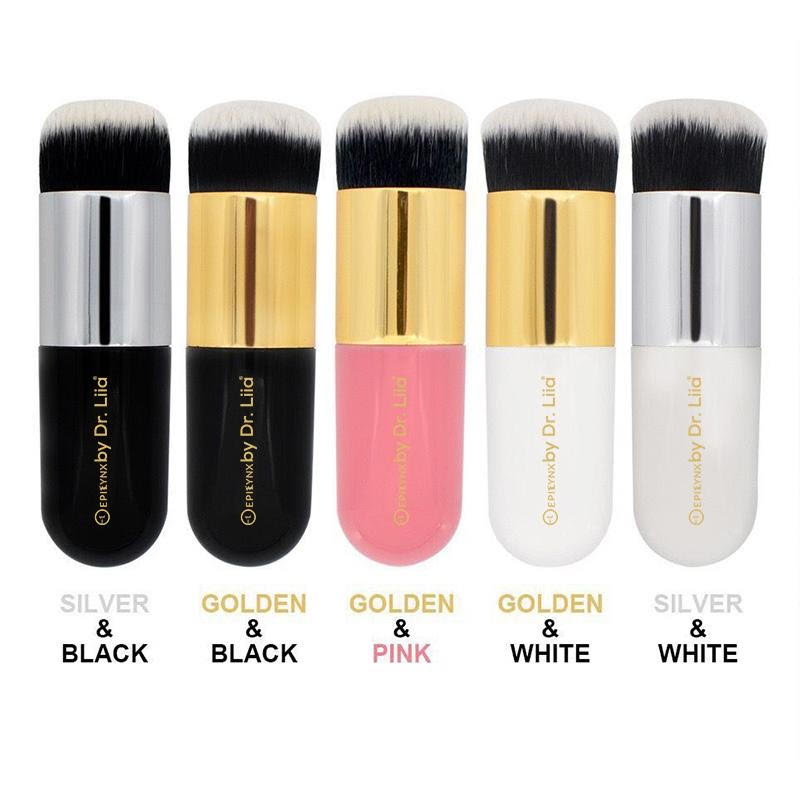 A set of Perfect Vegan Makeup Brushes in silver, pink, and gold, designed for flawless application of blush, highlighter, and foundation.