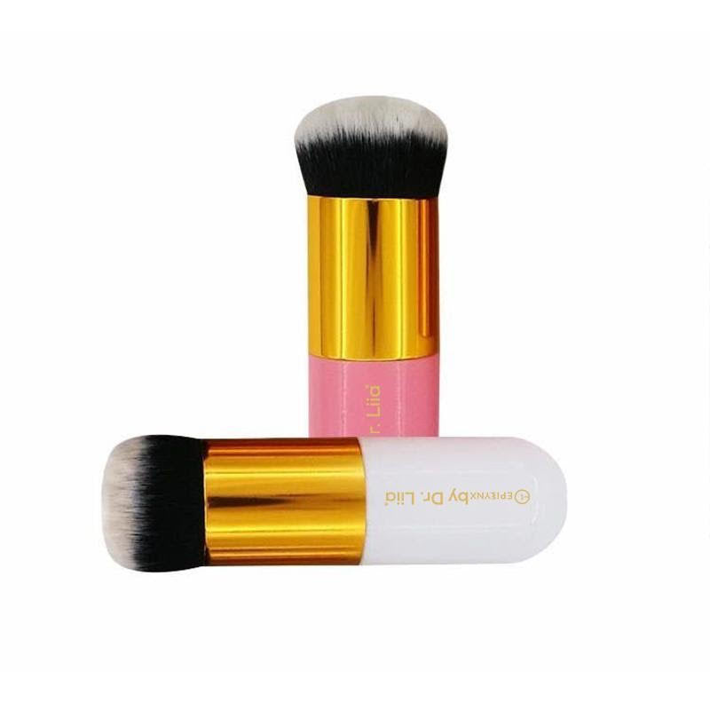 A set of Perfect Vegan Makeup Brushes in silver, pink, and gold, designed for flawless application of blush, highlighter, and foundation.