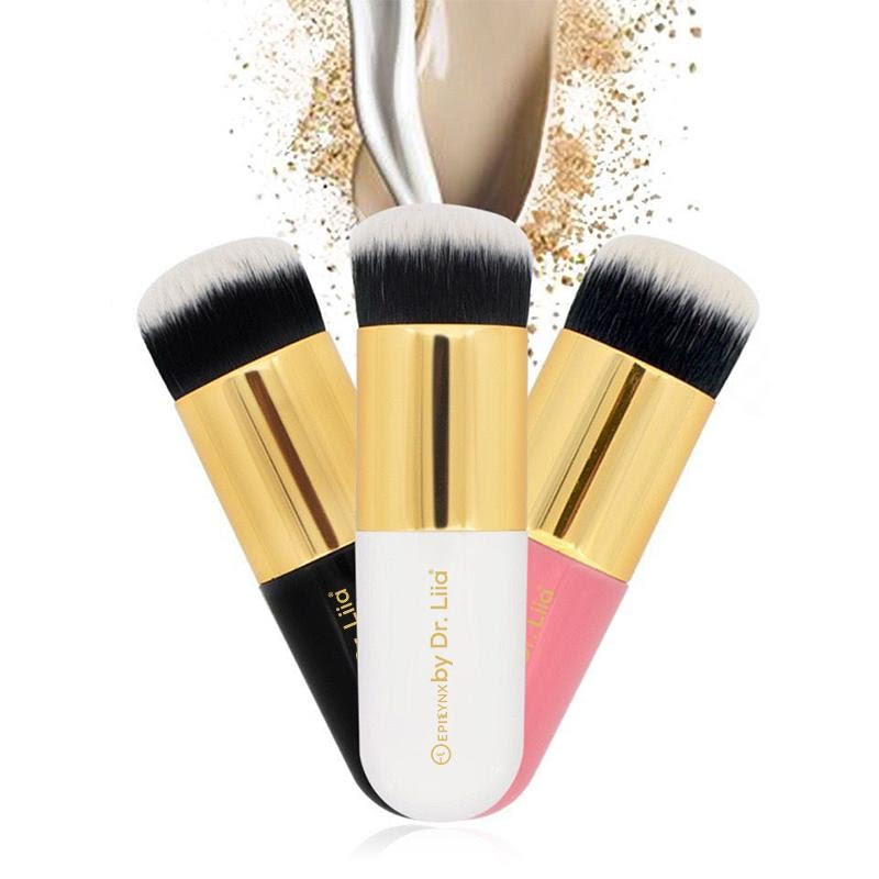 A set of Perfect Vegan Makeup Brushes in silver, pink, and gold, designed for flawless application of blush, highlighter, and foundation.