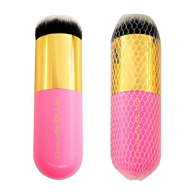 A set of Perfect Vegan Makeup Brushes in silver, pink, and gold, designed for flawless application of blush, highlighter, and foundation.