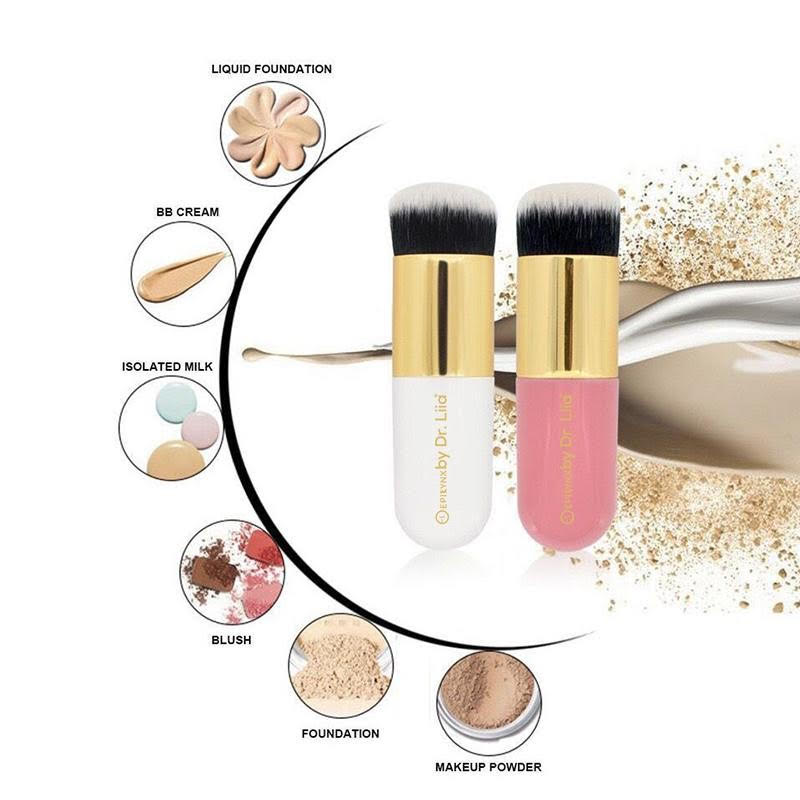 A set of Perfect Vegan Makeup Brushes in silver, pink, and gold, designed for flawless application of blush, highlighter, and foundation.