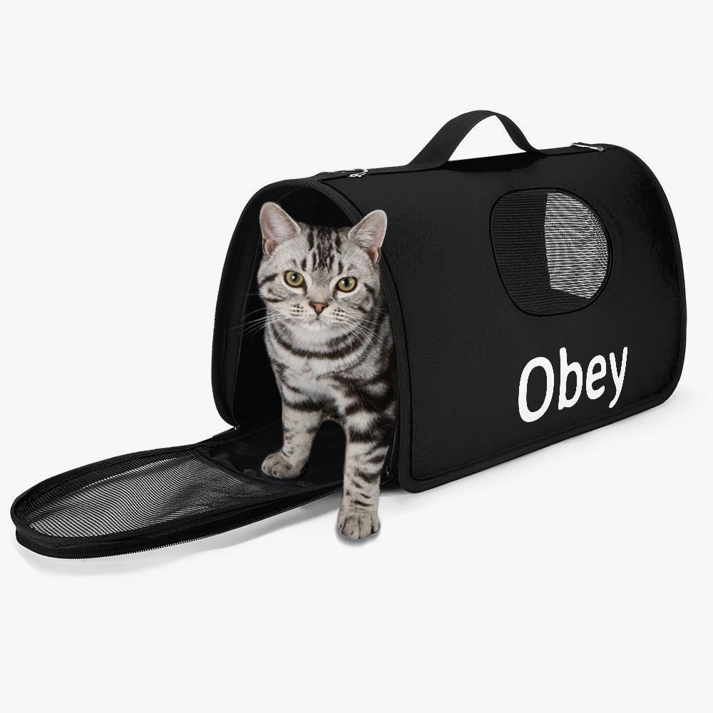 Obey Pet Carrier Bag made of durable polyester, featuring a spacious interior and secure zippers for safe pet transport.