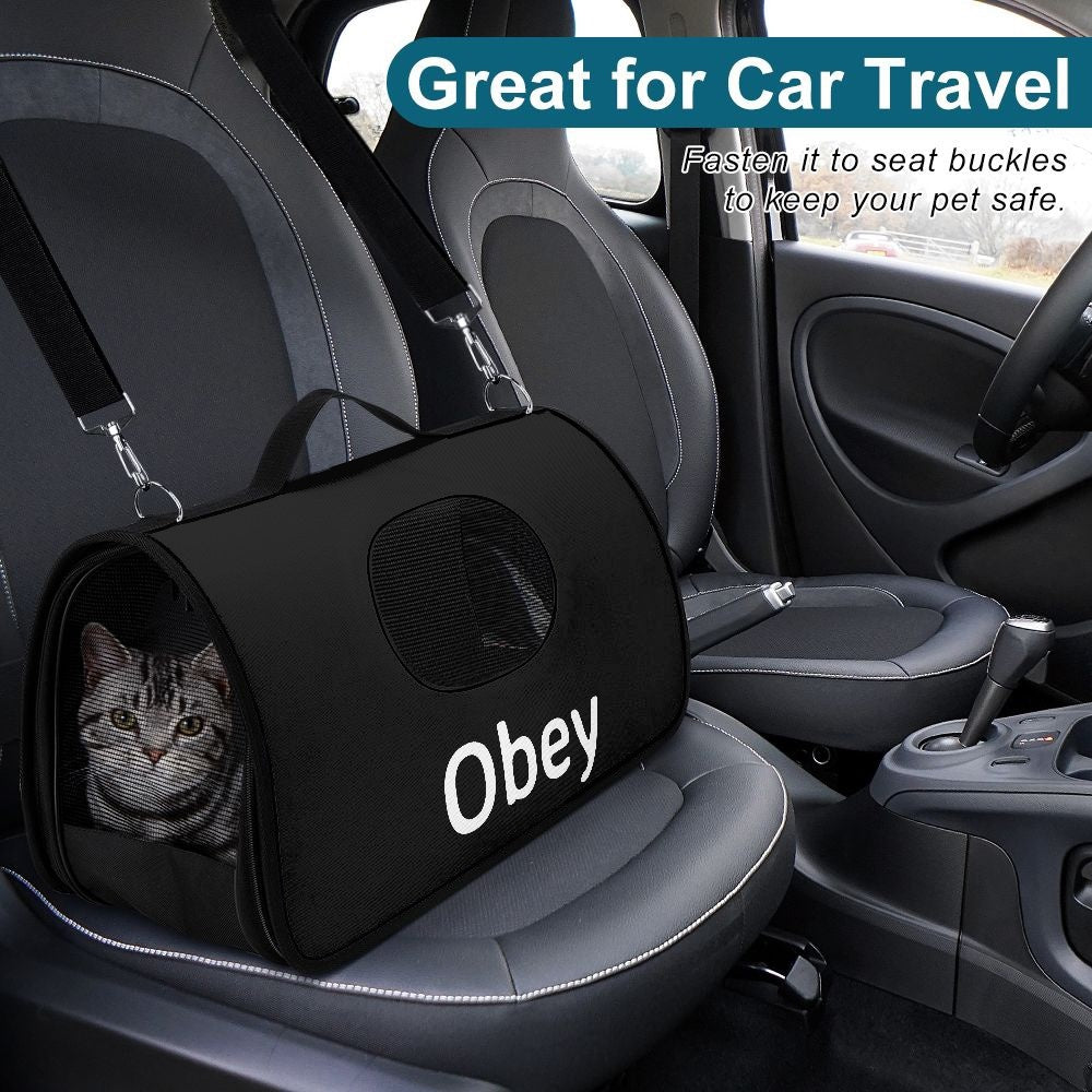 Obey Pet Carrier Bag made of durable polyester, featuring a spacious interior and secure zippers for safe pet transport.