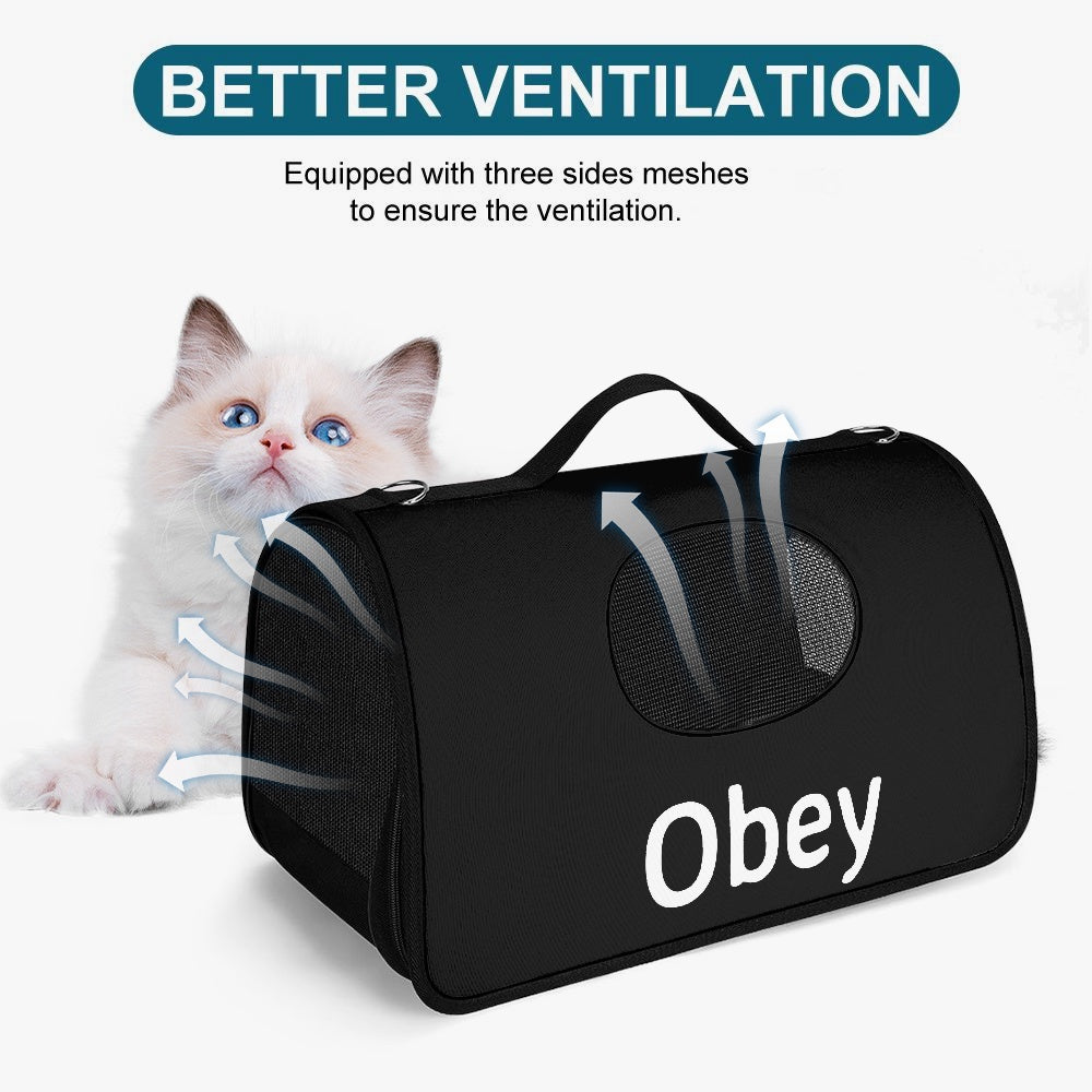 Obey Pet Carrier Bag made of durable polyester, featuring a spacious interior and secure zippers for safe pet transport.