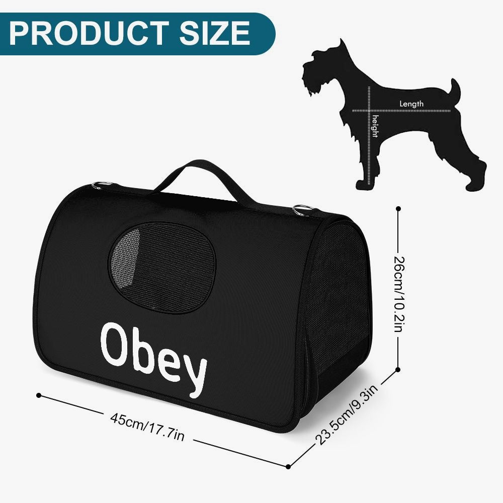 Obey Pet Carrier Bag made of durable polyester, featuring a spacious interior and secure zippers for safe pet transport.