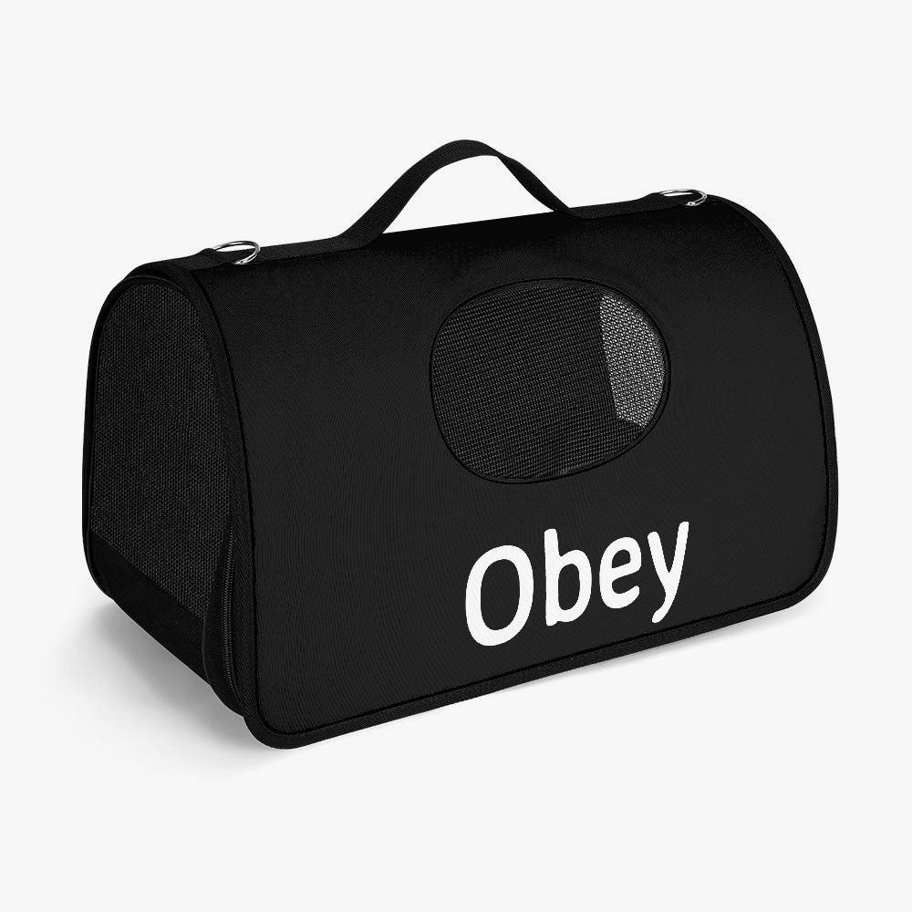 Obey Pet Carrier Bag made of durable polyester, featuring a spacious interior and secure zippers for safe pet transport.