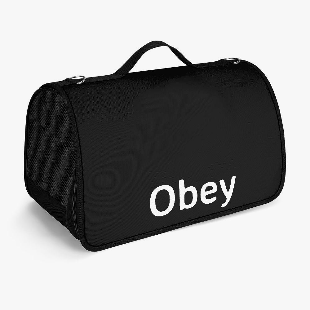 Obey Pet Carrier Bag made of durable polyester, featuring a spacious interior and secure zippers for safe pet transport.