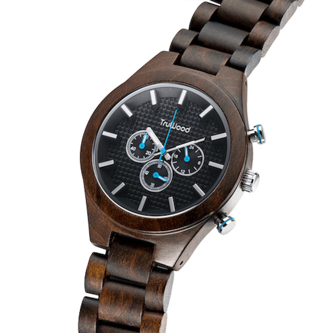 TruWood Pilot Wrist Watch featuring a black sandalwood case and chronograph dial.