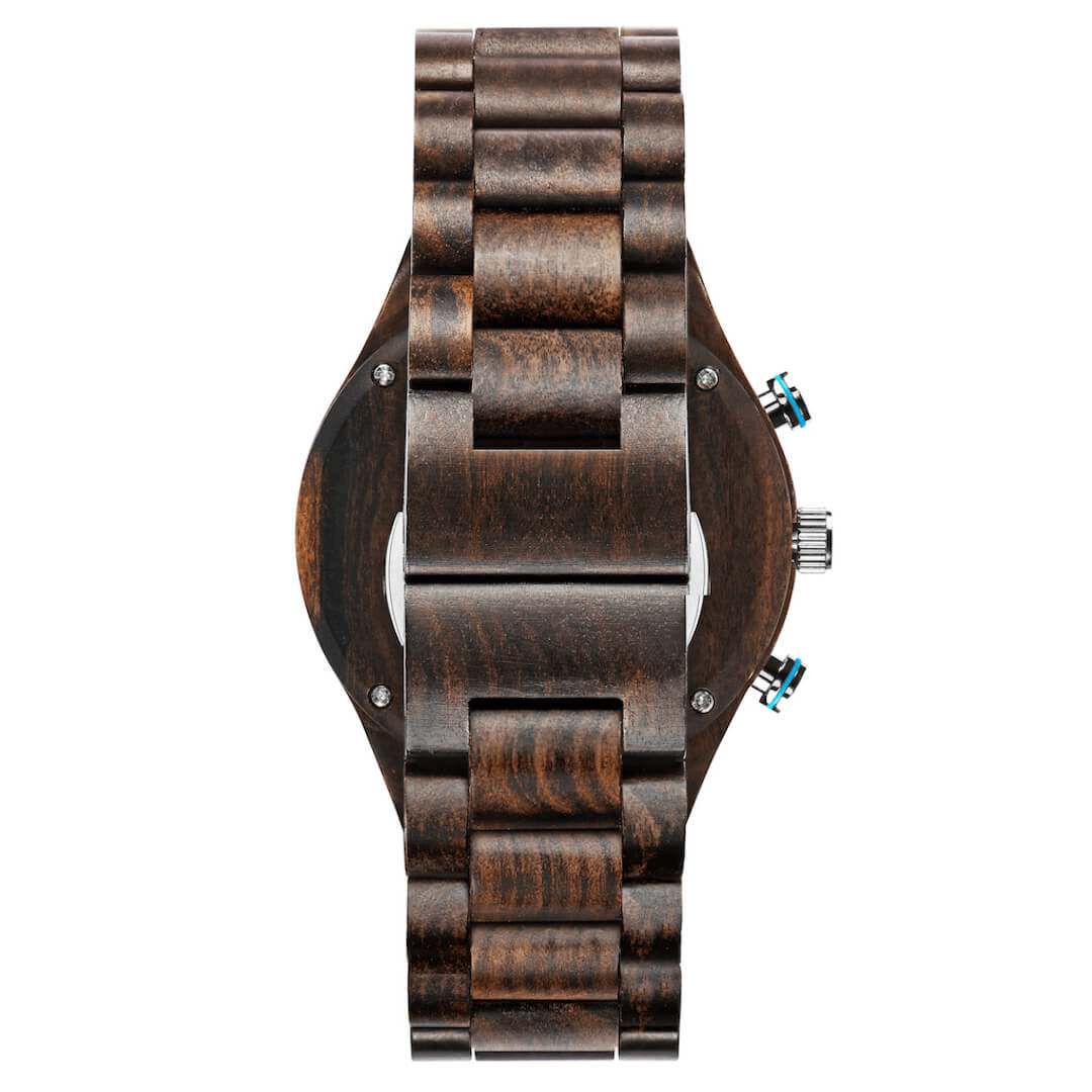 TruWood Pilot Wrist Watch featuring a black sandalwood case and chronograph dial.