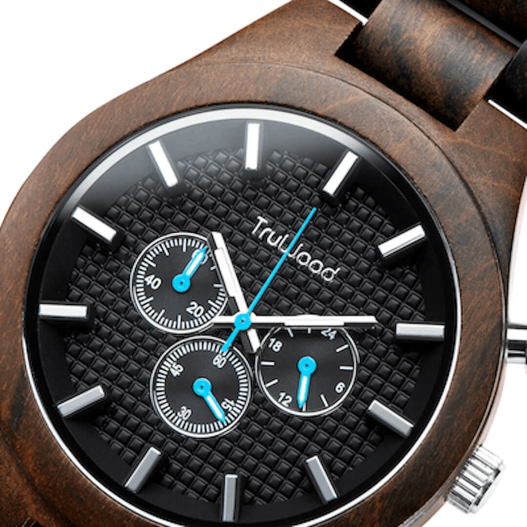 TruWood Pilot Wrist Watch featuring a black sandalwood case and chronograph dial.