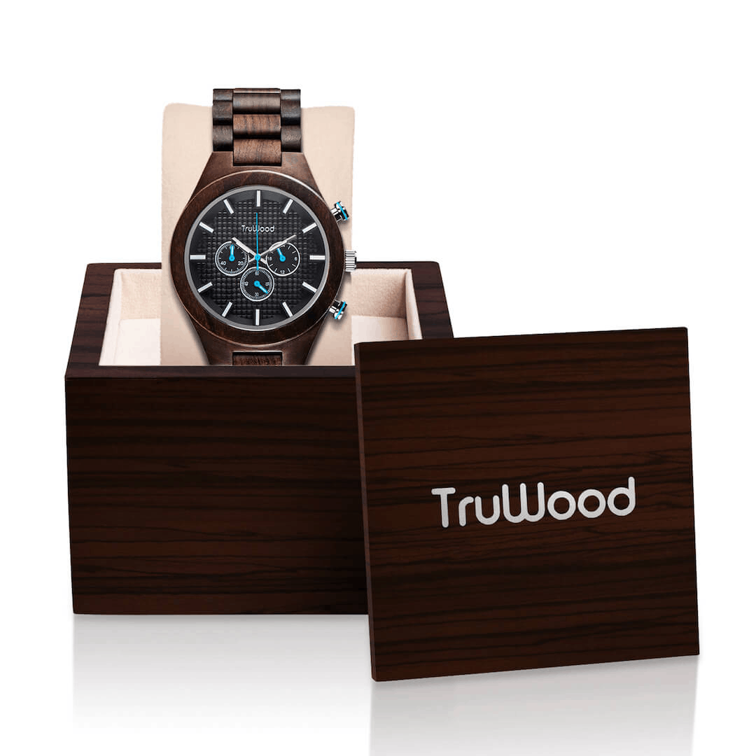 TruWood Pilot Wrist Watch featuring a black sandalwood case and chronograph dial.