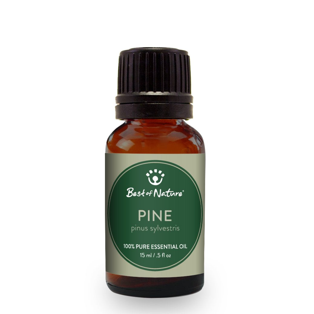 A bottle of 100% pure Pine Essential Oil with pine needles in the background, showcasing its natural essence.