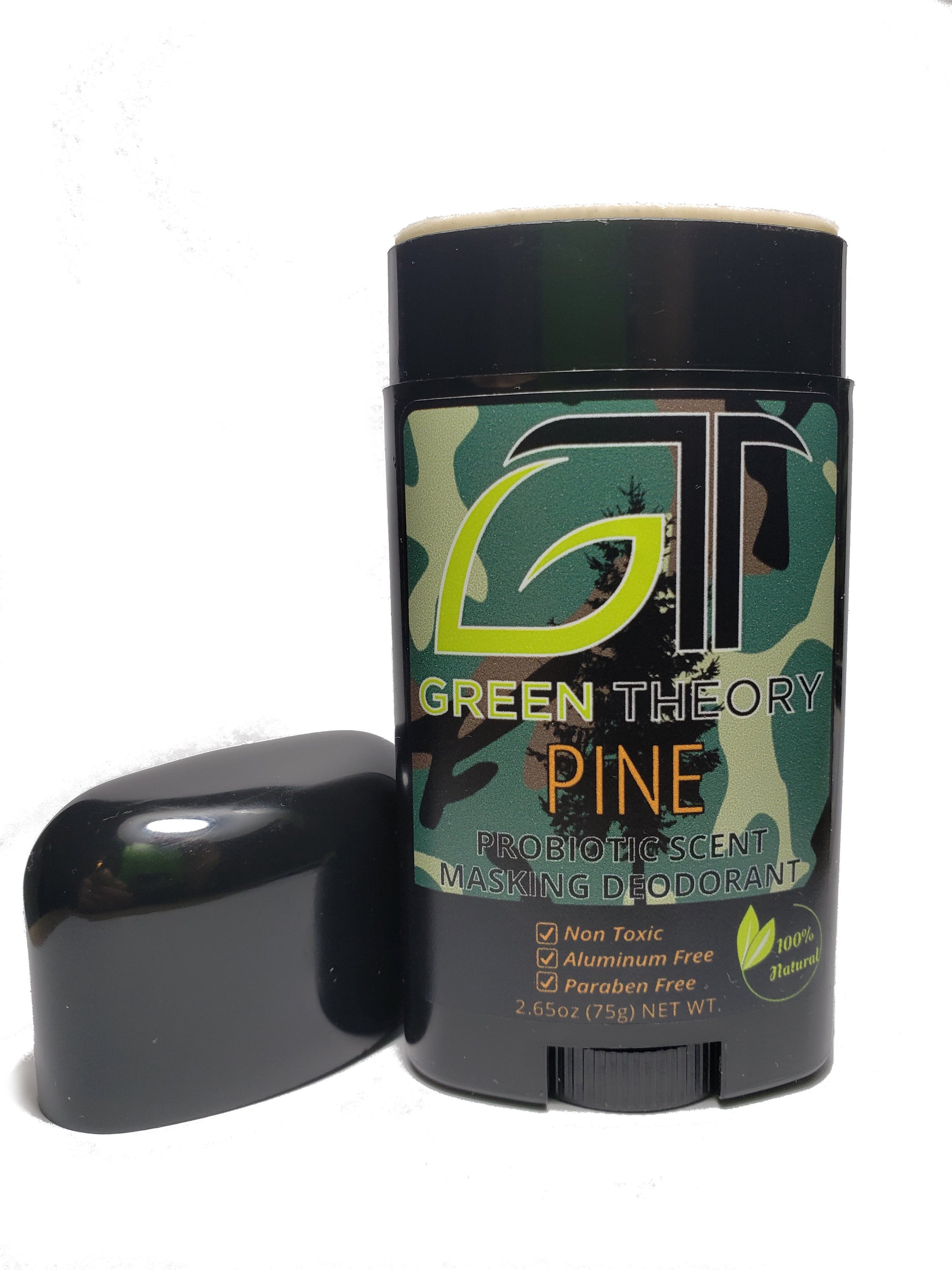 Pine Probiotic Natural Aluminum Free Hunting Deodorant stick with a natural pine scent, showcasing its eco-friendly packaging and smooth application.