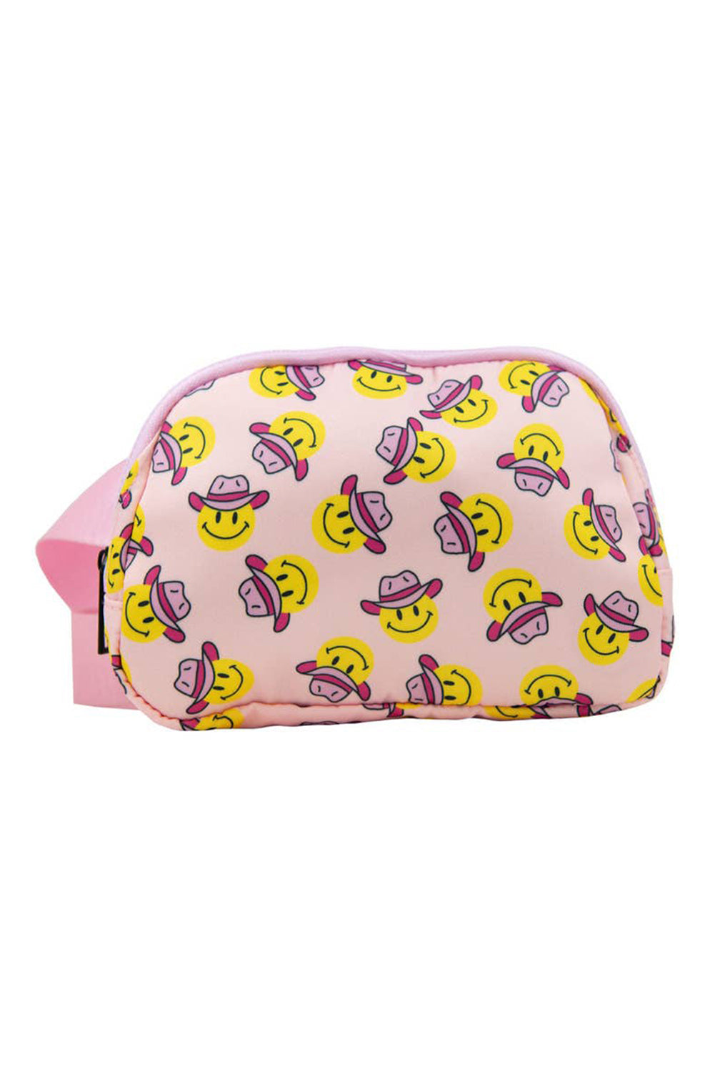 Pink crossbody bag featuring a cowboy hat and smile face print, with an adjustable buckle strap.