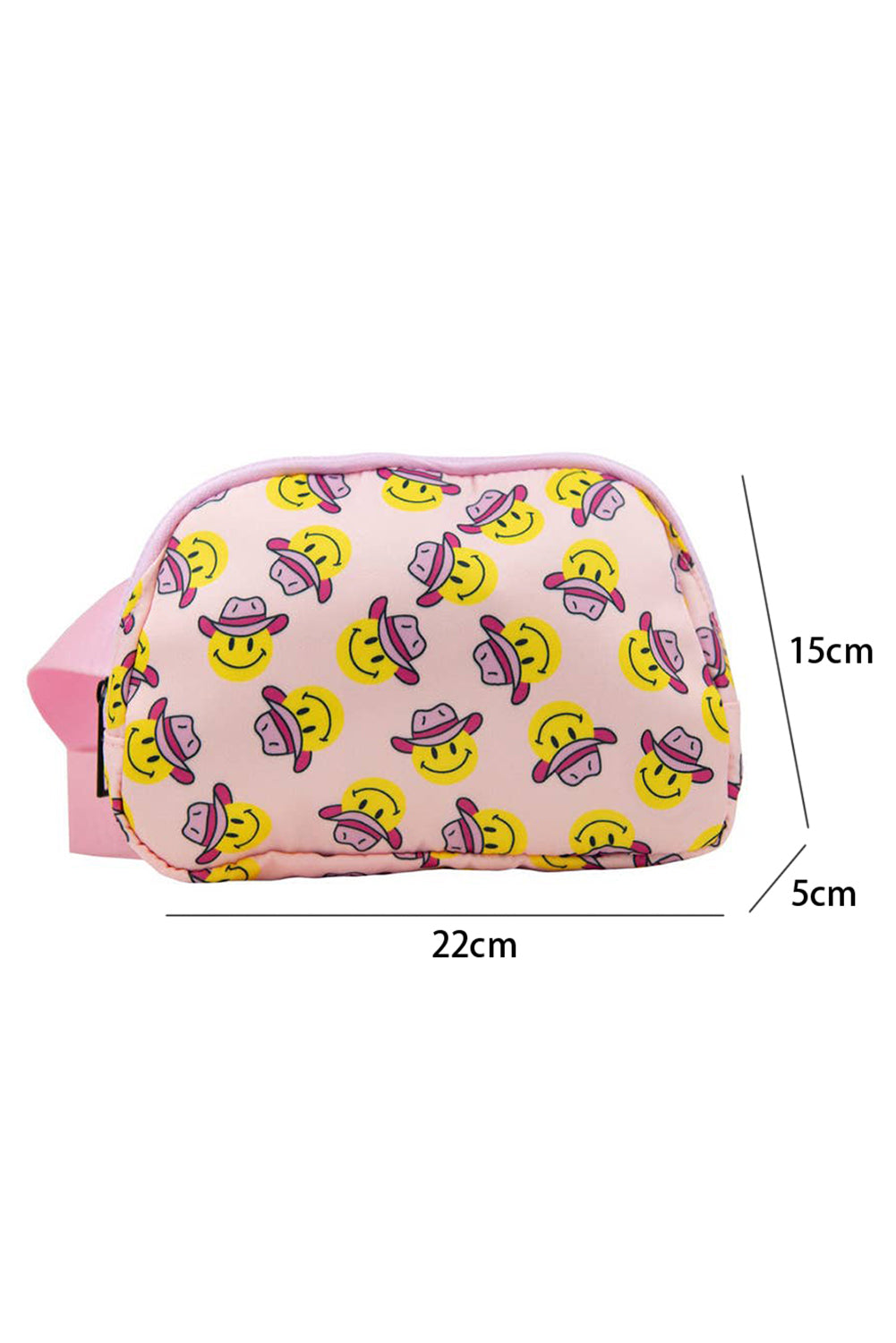 Pink crossbody bag featuring a cowboy hat and smile face print, with an adjustable buckle strap.