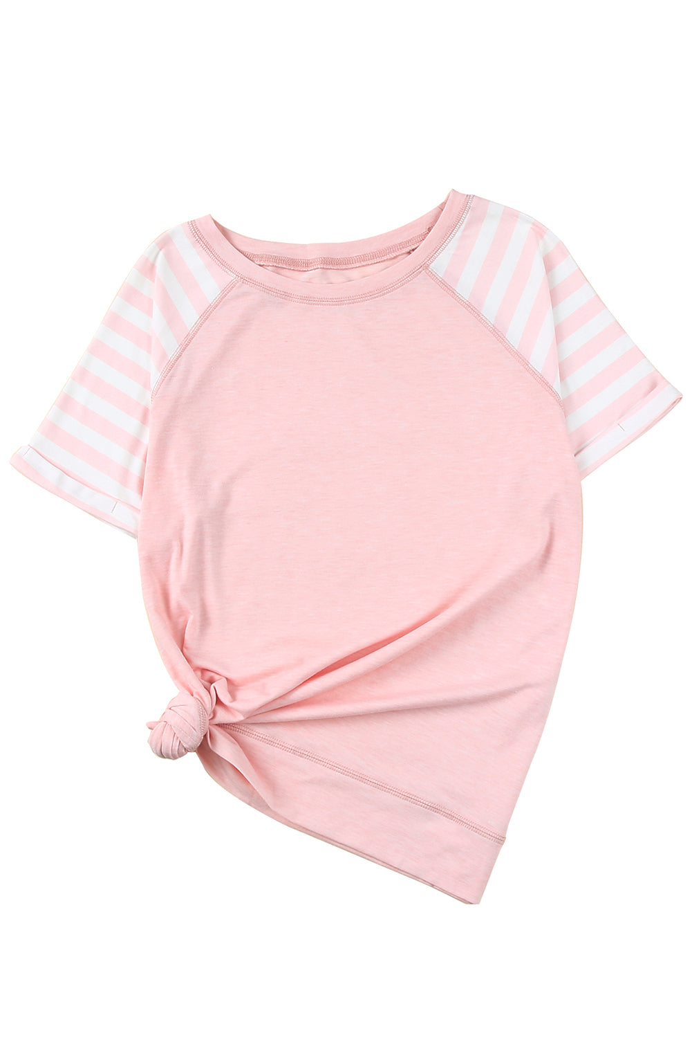 A stylish pink crewneck t-shirt featuring raglan sleeves with striped patchwork design, perfect for summer wear.