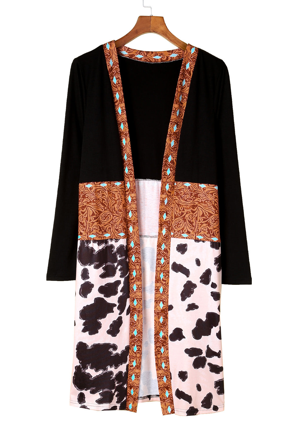 A stylish pink cardigan featuring a western cow patchwork design, open front style, perfect for casual wear.
